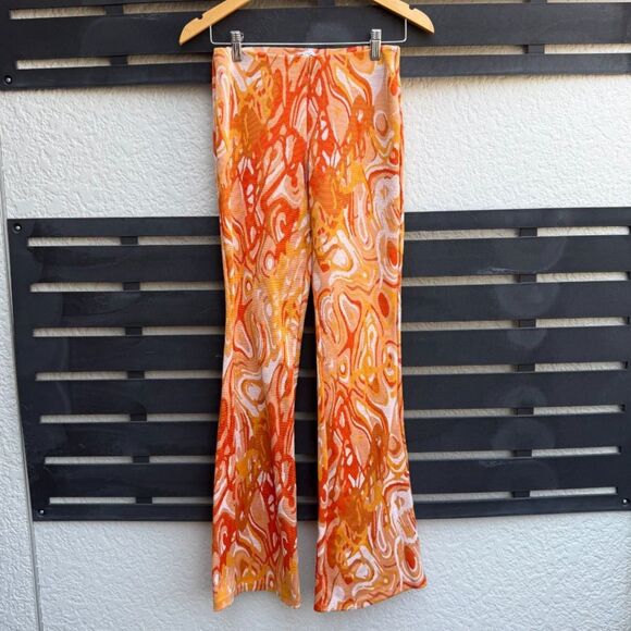 Zara Jacquard Retro Print Knit Flare Pants in Orange Swirl | Small - Picture 3 of 9